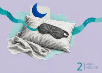 Sleep disorders collage: an engraved pillow and rumpled sheet with a dark sleep mask, a paper crescent moon and a teal ribbon