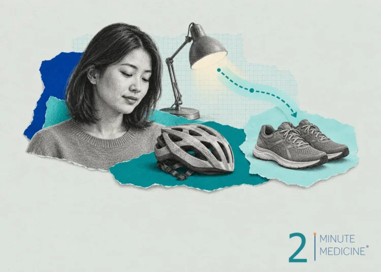 Concussion collage: a calm woman in her 30s beside a bicycle helmet, a dimmed desk lamp and a pair of walking shoes