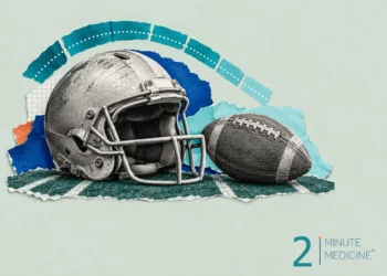 Football head injury collage: an empty football helmet and a football resting on a strip of turf