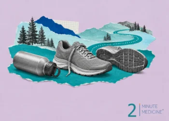 Running collage: a pair of running shoes, one tipped to show the tread, a water bottle and a winding trail through pines