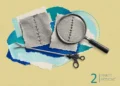 Two pieces of fabric showing stitching techniques with surgical tools in the foreground, indicating procedures for hernia repair.