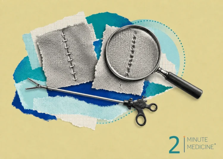 Two pieces of fabric showing stitching techniques with surgical tools in the foreground, indicating procedures for hernia repair.
