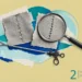 Two pieces of fabric showing stitching techniques with surgical tools in the foreground, indicating procedures for hernia repair.
