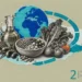 Mediterranean diet collage: a paper globe behind an olive oil cruet, olives, a bowl of lentils and beans, greens and tomatoes