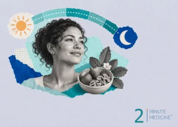 Intermittent fasting collage: a smiling woman under a ribbon arcing from a paper sun to a moon, with strawberries and walnuts
