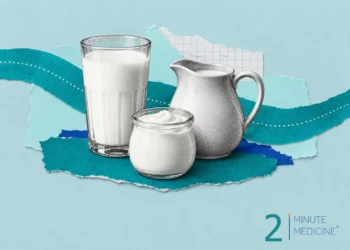 Milk and dairy nutrition collage: a tall glass of milk, a ceramic milk pitcher and a small jar of yogurt