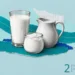 Milk and dairy nutrition collage: a tall glass of milk, a ceramic milk pitcher and a small jar of yogurt