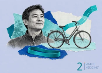 Physical activity collage: a smiling middle-aged man in a track jacket beside a city bicycle and a teal resistance band
