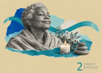 Spirituality and comfort collage: an older woman in a shawl, eyes closed, a lit candle, wildflowers and stacked stones