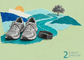 Walking for health collage: a pair of walking shoes and a fitness band at the start of a winding path toward a tree