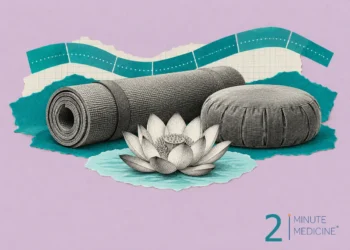 Yoga and meditation collage: a rolled yoga mat, a round meditation cushion and a lotus flower on a pale pool